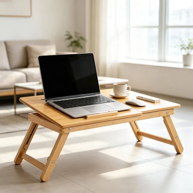 MODENUIT Bedtafel - Verstelbaar En Opklapbaar Met Lade - Voor Bed En Sofa - Bamboe - Natuurlijk - 55x35 Cm Natural