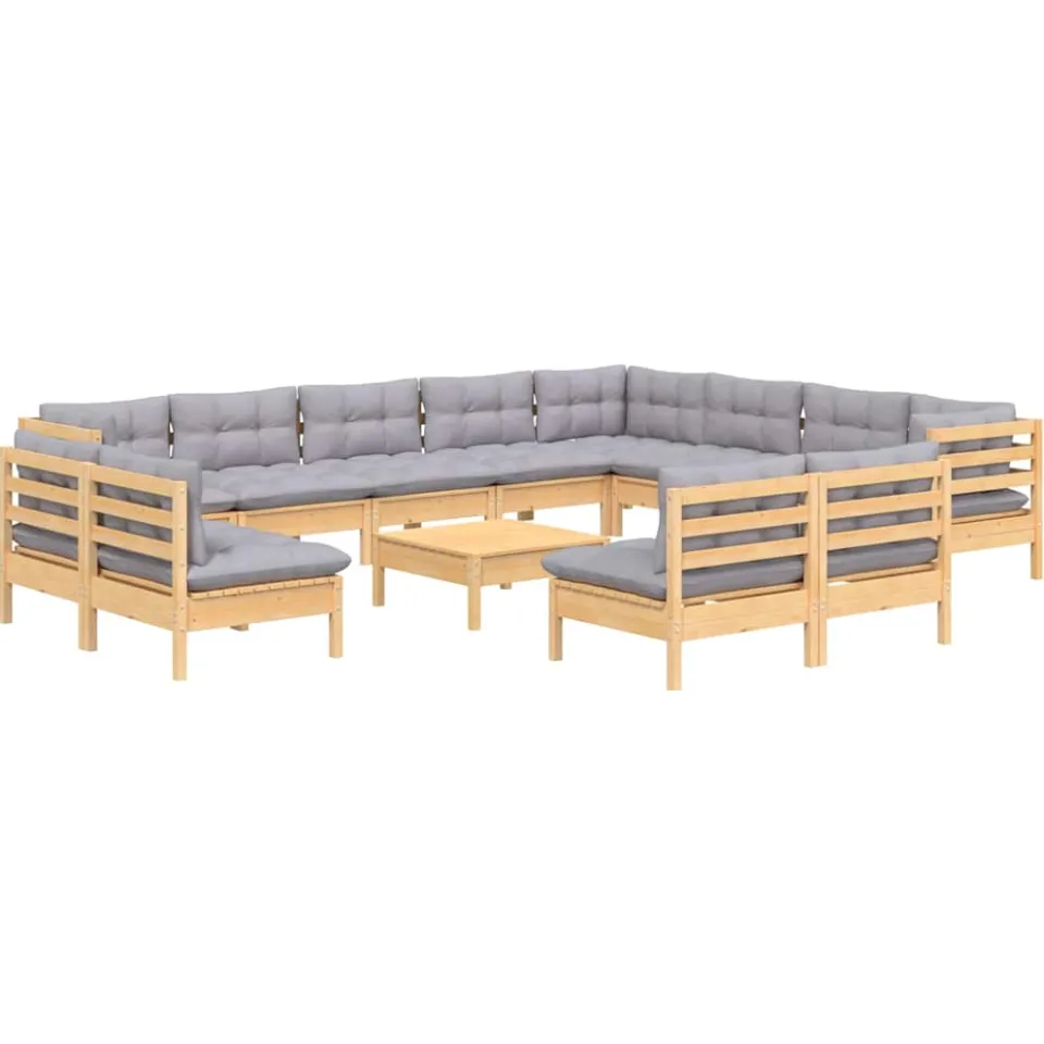 vidaXL 13-delige Loungeset met grijze kussens massief grenenhout Grijs