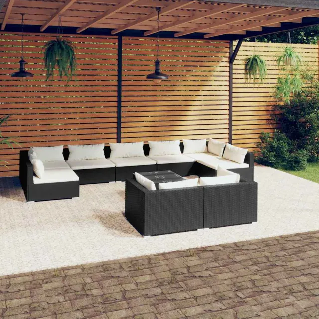 vidaXL 10-delige Loungeset met kussens poly rattan zwart, foto 2