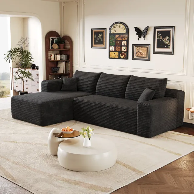 MODFU Modulaire 3-Zits Hoekbank – 241x151x58 cm – montagevrij met cloud-comfort – zachte ribstof – minimalistisch design – Zwart