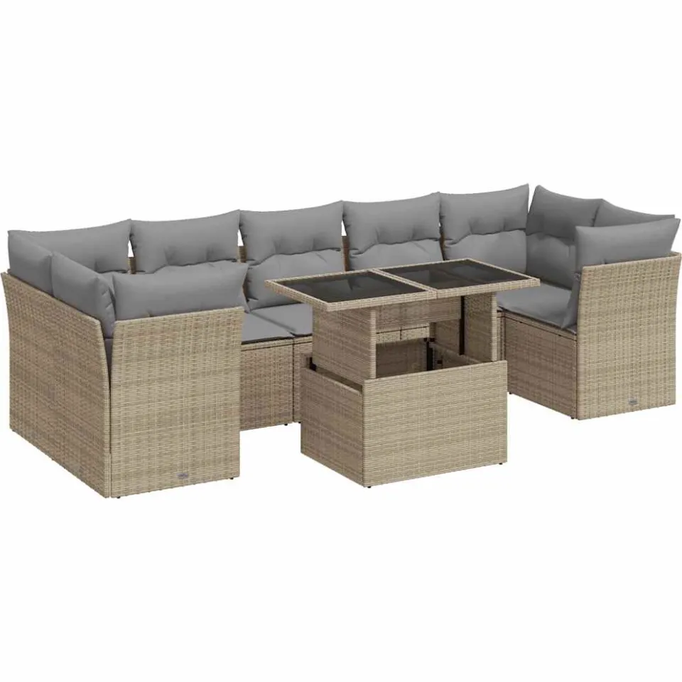 vidaXL 8-delige Loungeset met kussens poly rattan beige, foto 3