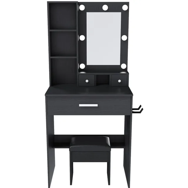 YYchan kaptafel - zwart - 60 x 38 x 131,5 cm - met opbergruimte - met LED-verlichting - met stopcontact