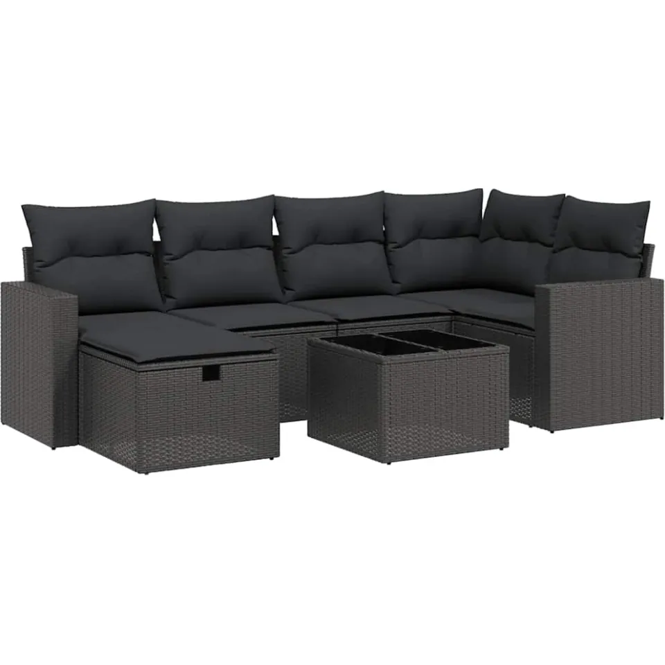 vidaXL 7-delige Loungeset met kussens poly rattan zwart