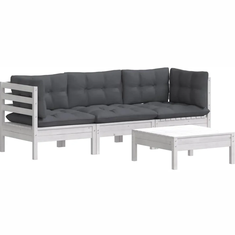 vidaXL 4-delige Loungeset met antracietkleurige kussens grenenhout Wit