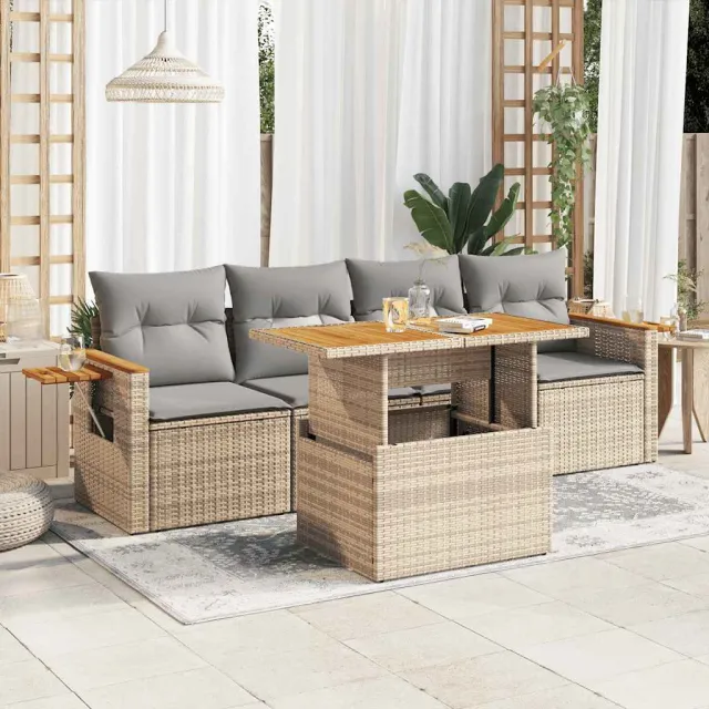 vidaXL 5-delige Loungeset met kussens poly rattan en acaciahout beige, foto 2