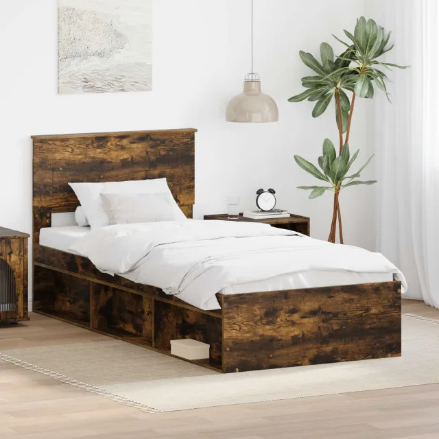 vidaXL Bedframe met hoofdeinde Gerookt eiken 90 x 200 cm Bewerkt hout Bruin