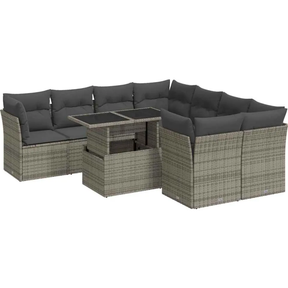 vidaXL 9-delige Loungeset met kussens poly rattan grijs, foto 3