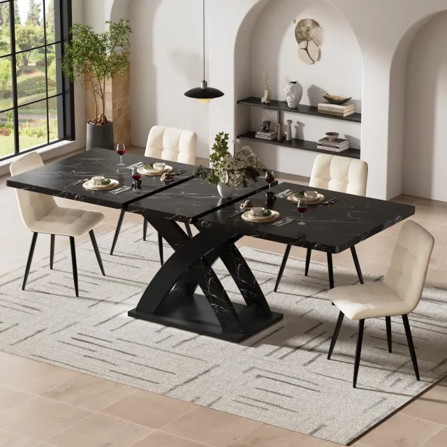 FloraGrace Eettafel - Uitschuifbaar Met Verborgen Verlengblad - Voor Keuken En Woonkamer - MDF En Metaal - 120-160x80x75 Cm - Zwart
