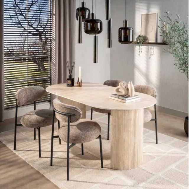 Meubelplaats Arch - Ovale eettafel 180x90 cm - 3D Keramiek met travertin look - Beige - Japandi