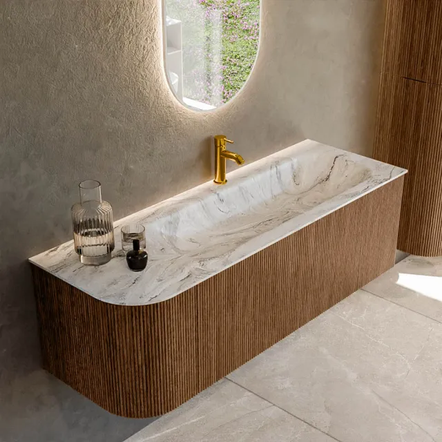 Mondiaz KURVE-DLUX 135 cm Onderkast Greeploos 1 Lade Met Deuren Walnut, Wastafel Solid Surface Rechts Glace 1 Kraangat Zonder Spiegel (KRVBGM135L1L1D1KR-Wal/Gla)