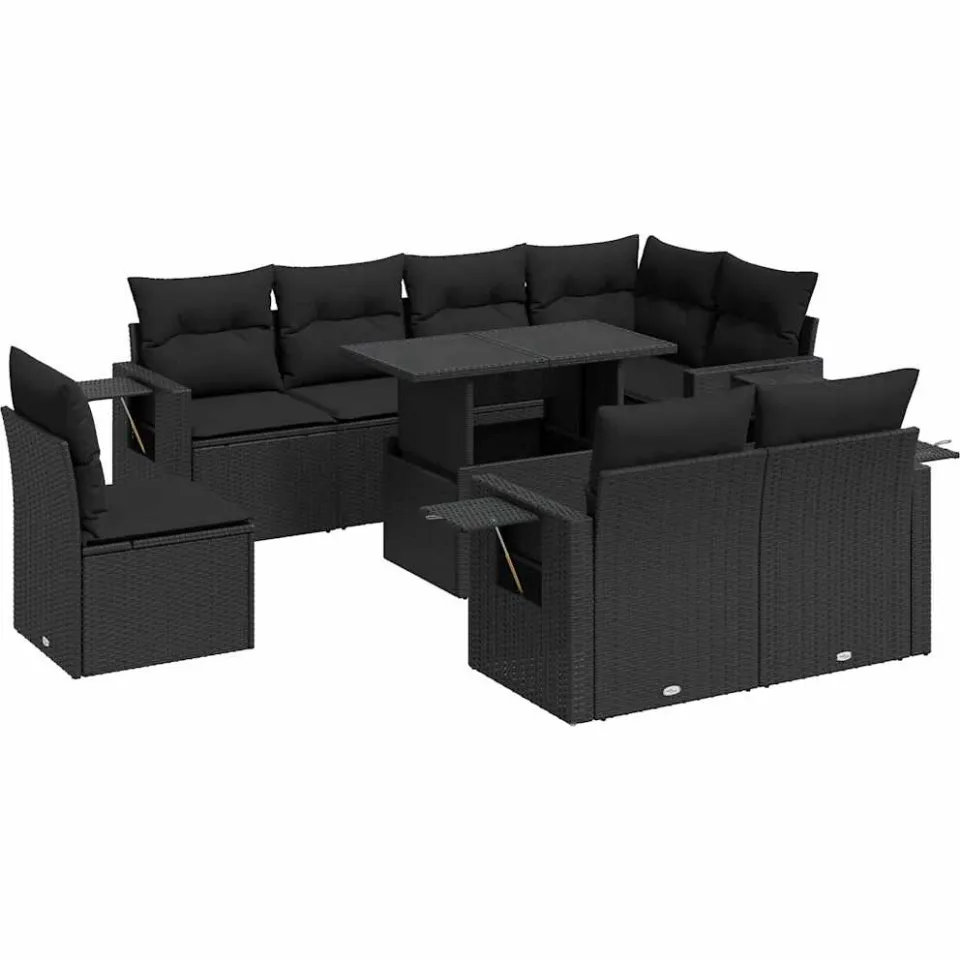 vidaXL 9-delige Loungeset met kussens poly rattan zwart, foto 3