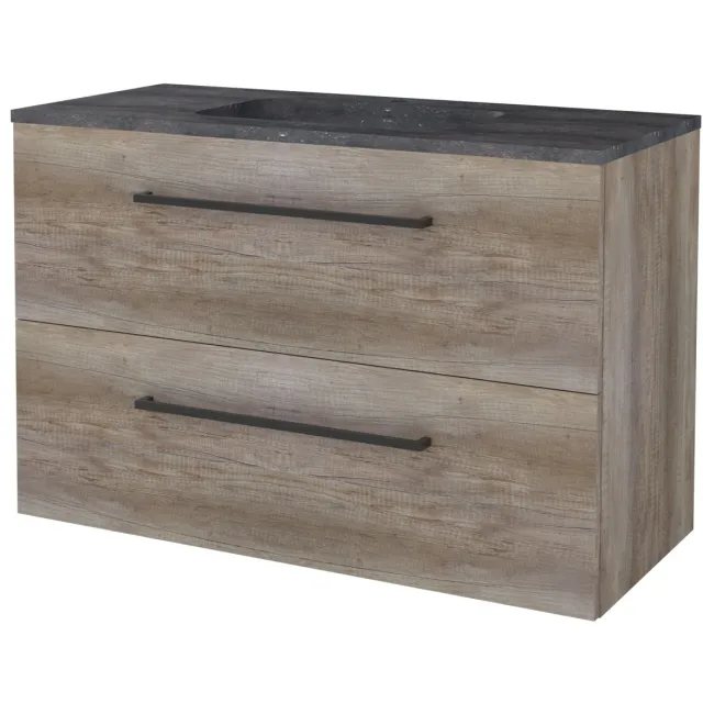 Boss & Wessing Badmeubelset BWS Salt 100x46cm Met Grepen 2 Lades Met Wastafel Hardsteen 1 Kraangat Scotch Oak Bruin