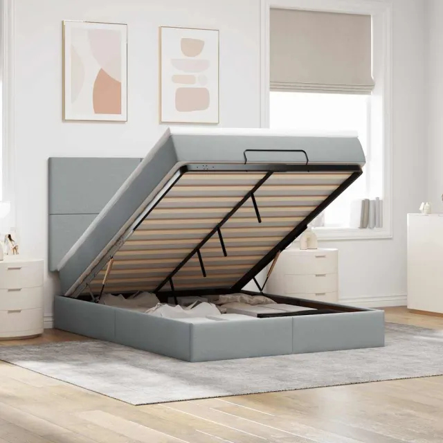 vidaXL Ottoman bed met matras en LED's 140x200cm stof lichtgrijs grijs