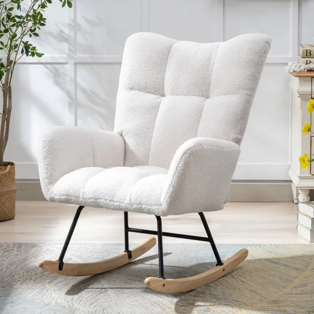 Vankel Scandinavische Teddy Schommelstoel - Relaxstoel - Ergonomische Rugleuning - Zachte Teddy Stof - Stevige Houten Basis - Comfortabele Stoel voor Woonkamer Slaapkamer Babykamer-Wit