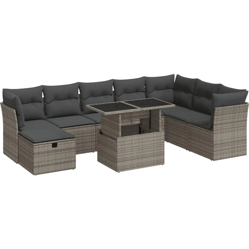 vidaXL 9-delige Loungeset met kussens poly rattan grijs, foto 3