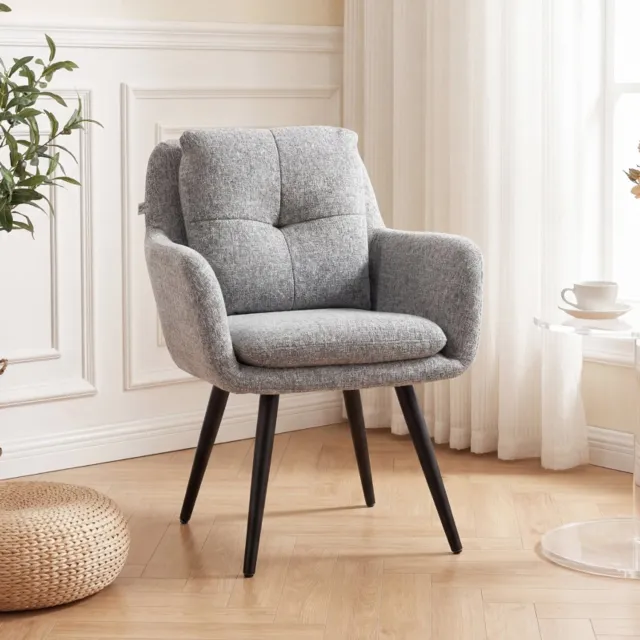OKWISH Fauteuil 65 x 72 x 86 cm - Gestoffeerd met Armleuningen en Verstelbare Voetdopjes - Voor de Woonkamer - Linnenlook en Metaal - Lichtgrijs