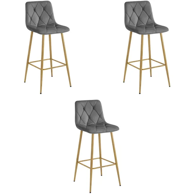 LEOBERT Set van 3 Barkrukken NADO – Donkergrijs Velvet / Fluweel – Gestoffeerde Barstoelen met Rugleuning en Voetsteun – Metalen Poten in Eikenlook – Modern Design – Voor Keukeneiland, Keuken, Bartafel en Thuisbar