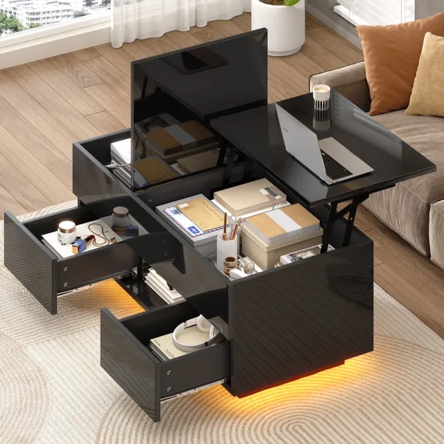 Clruro Salontafel - 100x45x43 cm - Liftfunctie Met 2 Lades En LED - Verborgen Opbergruimte - Spaanplaat - Zwart