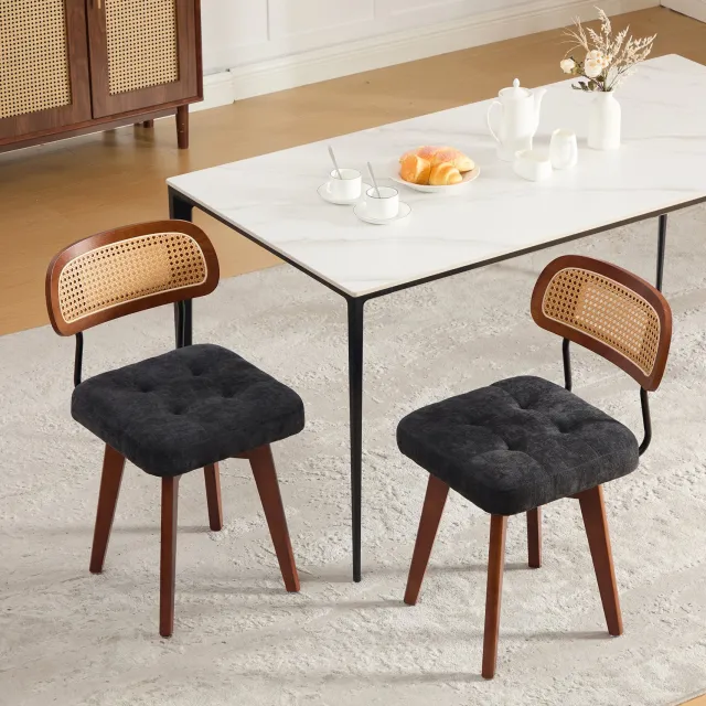 MODFU Eetkamerstoelen Set Van 2 - 360° Draaibaar - Rotan Rugleuning - Chenille - Zwart