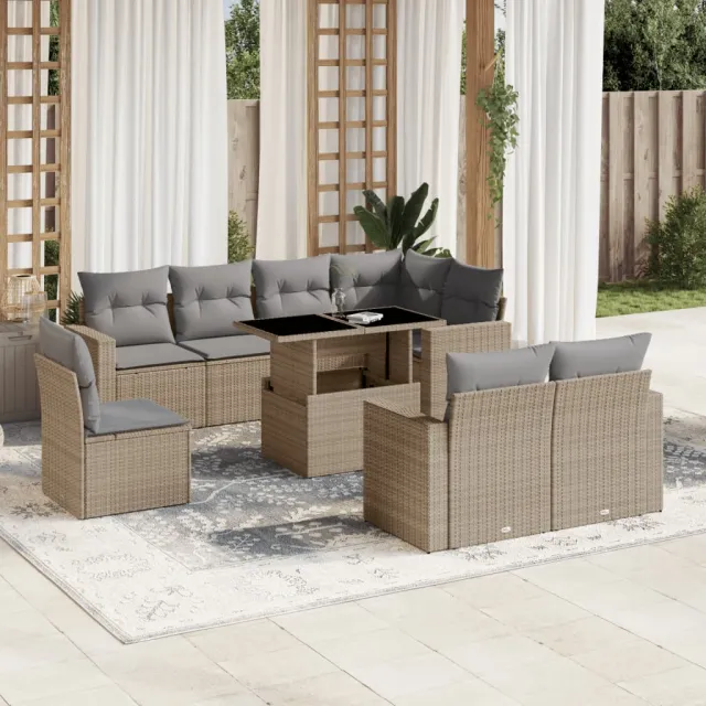 vidaXL 9-delige Loungeset met kussens poly rattan beige, foto 2
