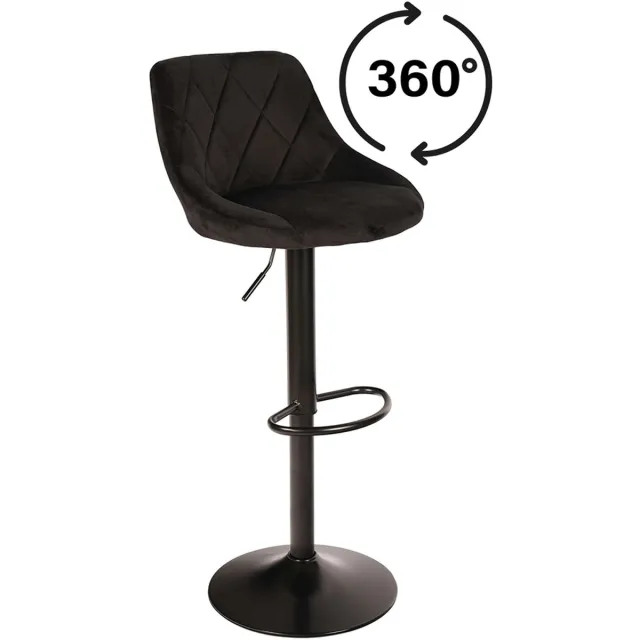 AZ Home - Barkruk Roma Zwart - Set van 2 - Velvet Zwart, Rugleuning, Modern Design, Hoogte Verstelbaar, 360° Draaibaar, Max. 120 kg