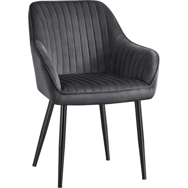 Songmics Eetkamerstoelen - Eetkamerstoel met Armleuningen - Fluwelen Bekleding - Metalen Poten Grijs-Zwart