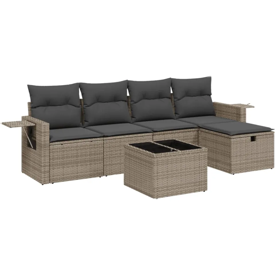 vidaXL 6-delige Loungeset met kussens poly rattan grijs, foto 4