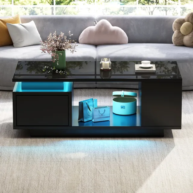 Maisentiel Salontafel 100 x 50 x 36 cm met LED, lade en vakken, spaanplaat, hoogglans zwart