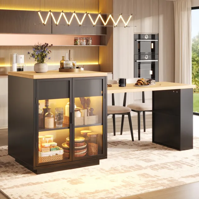 DESMIU Eettafel - Uitschuifbaar met Kast, Lade en Ledverlichting - Voor Keuken en Eetkamer - MDF en Metaal - 122-194,5 x 70 x 94 cm - Zwart