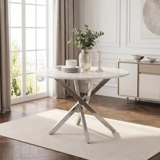 REDOM Eettafel - Rond - Tafelblad in marmerlook - Metalen kruisvoet - Moderne stijl - Eetkamer - MDF - Wit/Zilver - 80 x 80 x 75 cm Zilver + wit