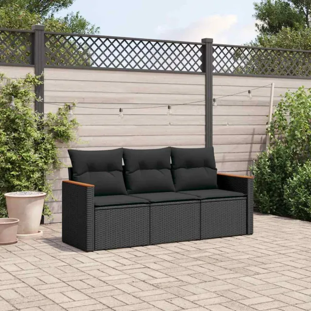 vidaXL 3-delige Loungeset met kussens poly rattan zwart, foto 2