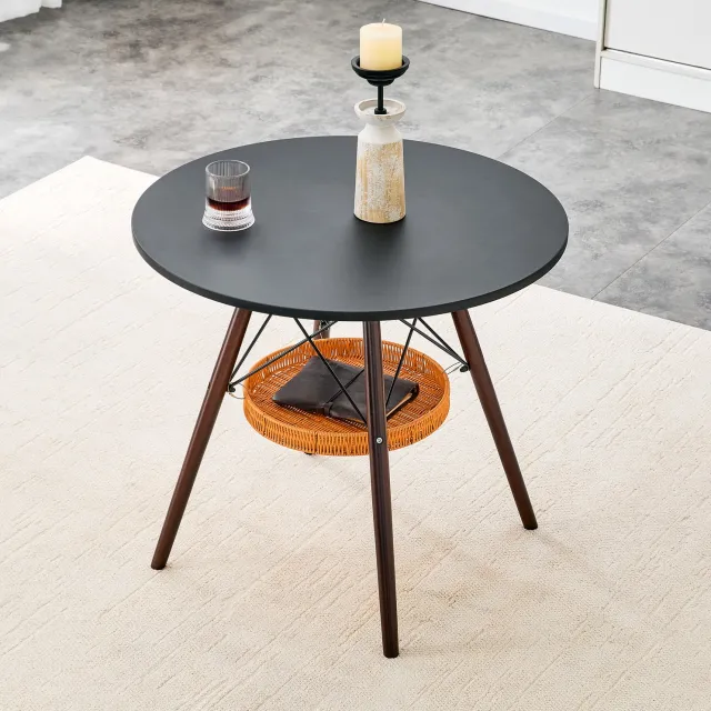 WUVRIE Ronde eettafel Ø 80 cm - MDF blad met opbergmand en metalen kruisframe - Zwart/walnoot