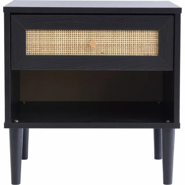Acaza Nachtkastje - Nachtkastjes - Zwart - 48 x 39 x 49 cm (B x D x H) - Rotan accent - Nachtkastjes - Kast - Table de chevet - Nachtkastjes Modern