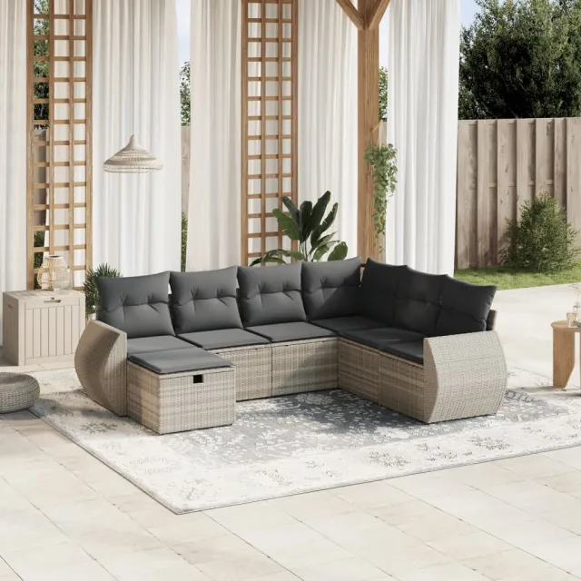vidaXL 7-delige Loungeset met kussens poly rattan lichtgrijs grijs, foto 2