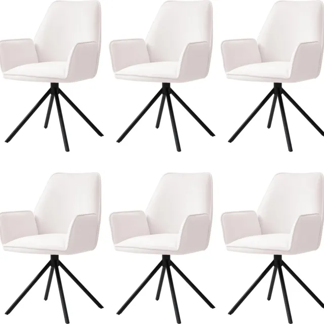 Cosmo Casa 6-Delige set eetkamerstoelen - Keukenstoel met armleuningen- Draaibare auto-Positie- Fluweel - Crème-beige- Poten zwart.