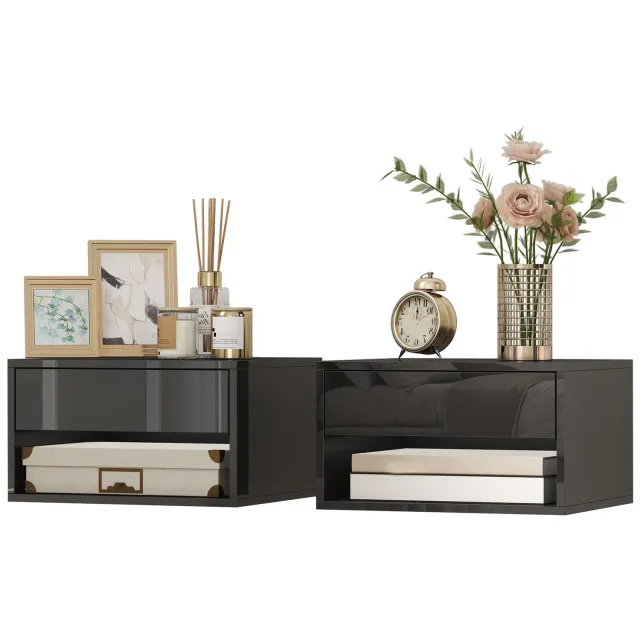 Lunpog Nachtkastjes - Tweedelige zwevende set - Open planken - Afmetingen: 37 cm x 32 cm x 21 cm - Zwart Noir