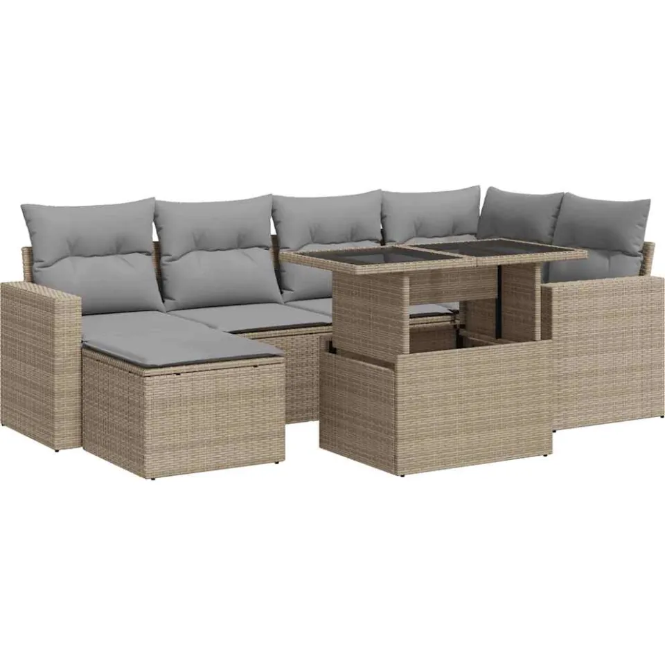 vidaXL 7-delige Loungeset met kussens poly rattan beige, foto 3