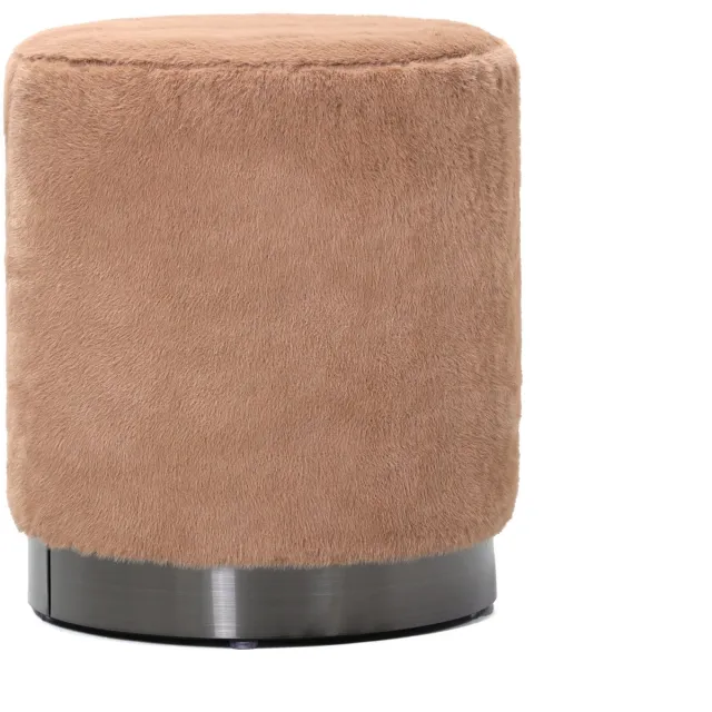 PTMD Cemile Brown Fabric Round Fur Pouf Bruin