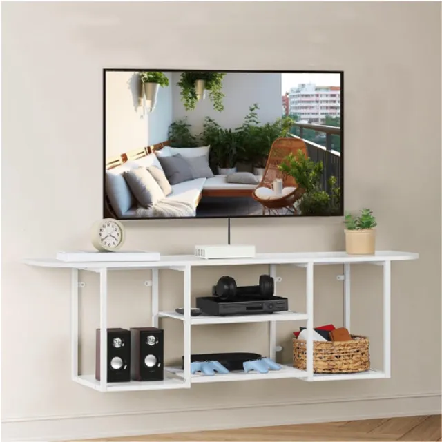 BOG Zwevend Tv Meubel Wit - Tv Kast 120 Cm - Moderne Wandplank Met Open Vakken - Wandgemonteerde Tv Kast - Multicompartiment Media Console