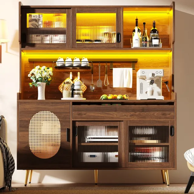 Maisentiel Buffetkast met glazen deuren en LED-verlichting - bruin - 145 x 39 x 171 cm
