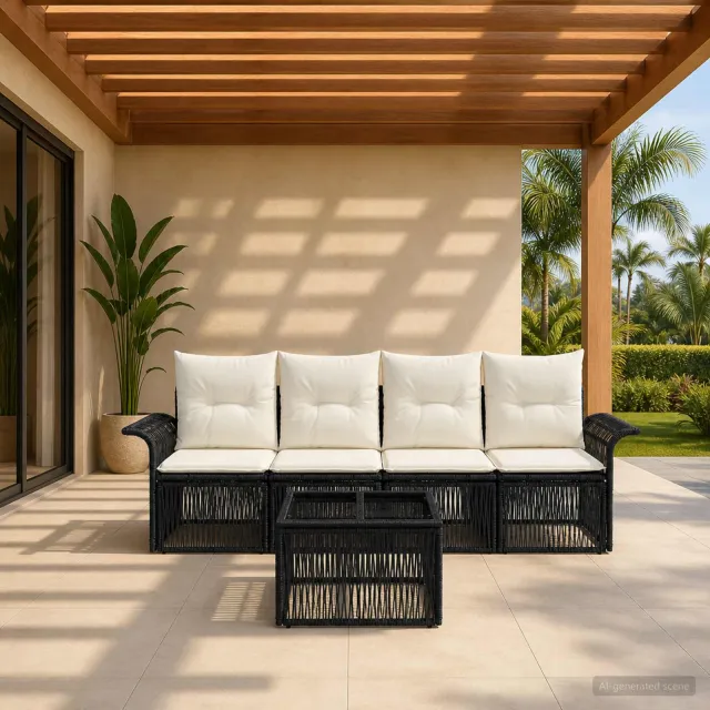 vidaXL Tuinbankenset 5 st 4-zits Zwart poly rattan, foto 2