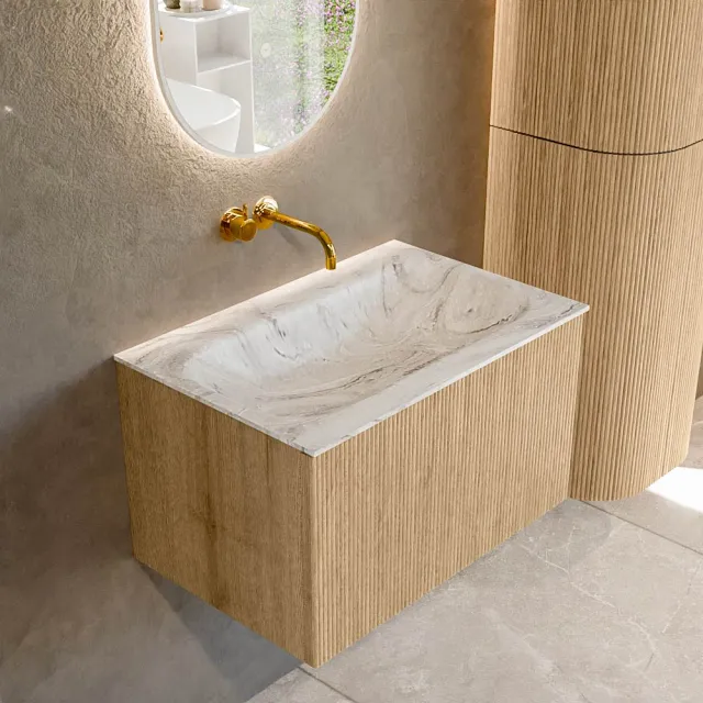 Mondiaz KURVE-DLUX 70 cm Onderkast Greeploos 1 Lade Zonder Deuren Oak, Wastafel Solid Surface Volledig Glace 0 Kraangaten Zonder Spiegel (KRVBGS701L0D0KM-Oak/Gla)