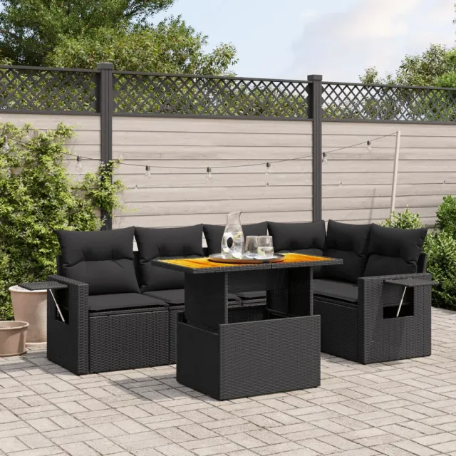 vidaXL 6-delige Loungeset met kussens poly rattan zwart, foto 2