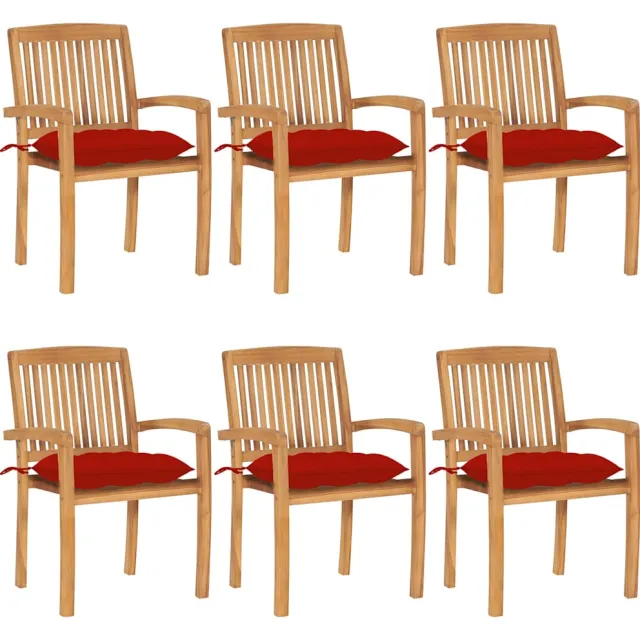 vidaXL Tuinstoelen stapelbaar 6 st met kussens massief teakhout Rood