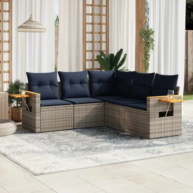 vidaXL 5-delige Loungeset met kussens poly rattan grijs, foto 2