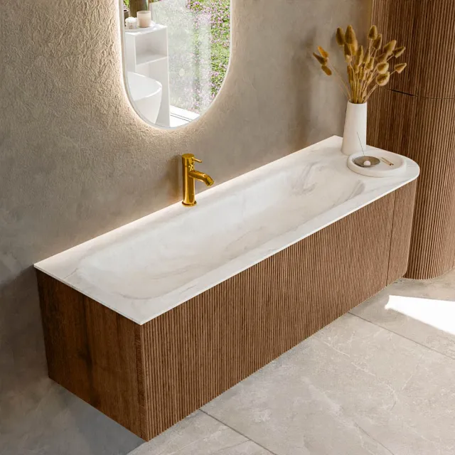 Mondiaz KURVE-DLUX 145 cm Onderkast Greeploos 1 Lade Met Deuren Walnut, Wastafel Solid Surface Links Ostra 1 Kraangat Zonder Spiegel (KRVBGL145R1L1D1KL-Wal/Ost)