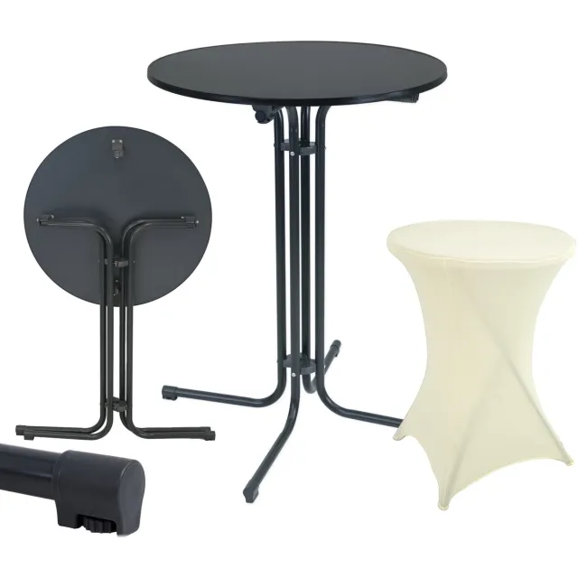 TRUTZHOLM Set statafel - Bistrotafel - Opvouwbaar - Diameter 80 cm - Antraciet - Beige strijkvrije tafelhoes - Draagvermogen 50 kg