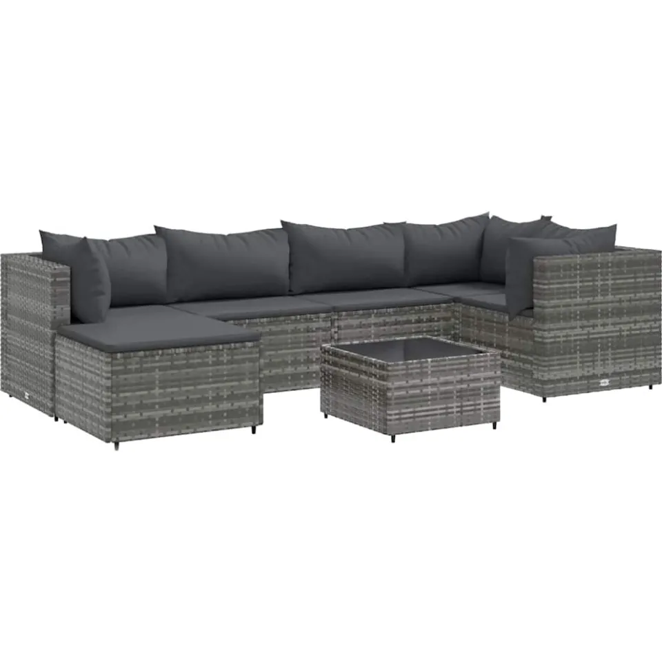 vidaXL 7-delige Loungeset met kussens poly rattan grijs, foto 4
