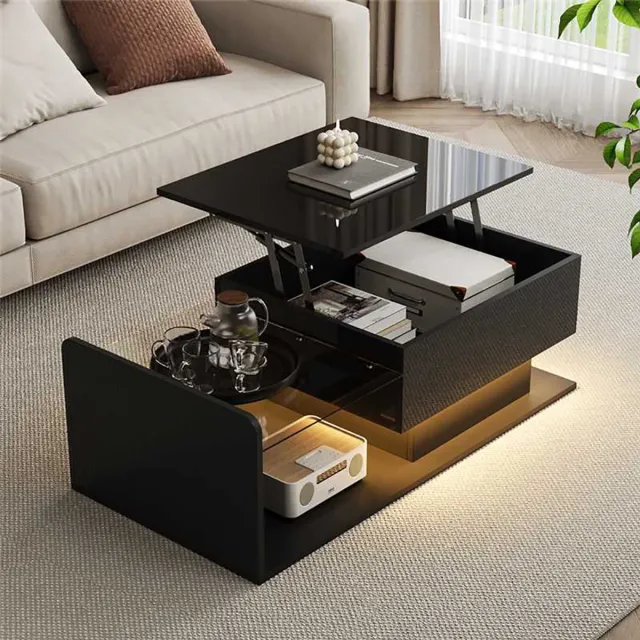 KOMHTOM BLACKCOLORS Salontafel, hoogglans zwart, bijzettafel, salontafel met glas en LED-effect, met glazen blad