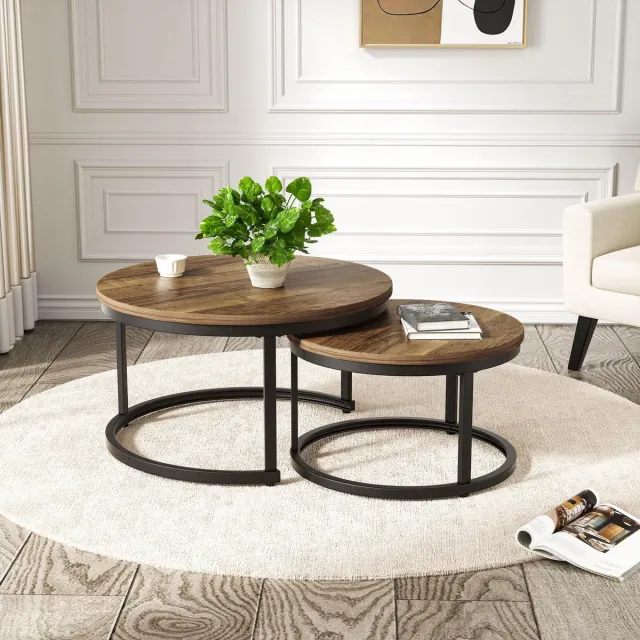 Famanu Ronde nesting tafels set van 2, moderne bijzettafels met metalen frame, industriële stapelbare bijzettafeltjes voor woonkamer, slaapkamer en kantoor, 60 cm x 40 cm Zwart